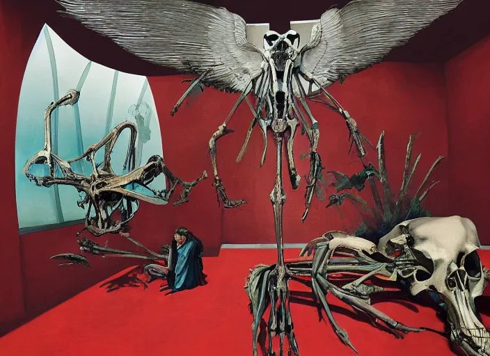 Prompt: holy, angelic wings and a big aquarium, attack on titan by francis bacon, living room with a black doorway and a cow skeleton by francisco goya and francis bacon, vibrant red background, tristan eaton, victo ngai, oil painting, very coherent, exotic vegetation, whale skeleton inside interior room with black doorway, beksinski painting