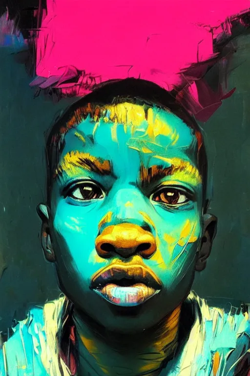 Prompt: portrait of a stylized african young angry boy painted in acrylic, pigment, in the colors hot pink and cyan, beautiful realistic face, rule of thirds, spotlight, by greg rutkowski, by jeremy mann, by francoise nielly, by van gogh, by ross tran, in focus