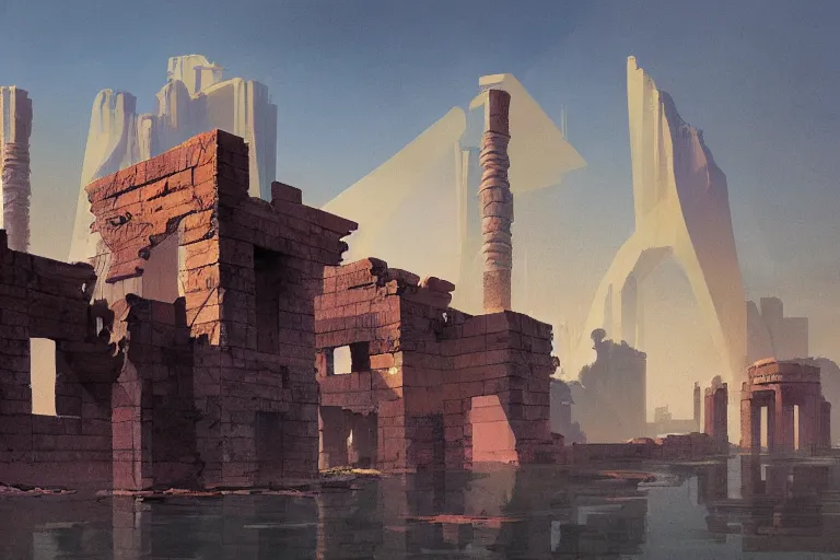 Image similar to an architectural painting of the ruins of an archaic city of ancient persia floating in the sky by syd mead and frazetta and james gilleard in the style of hugh ferriss, ancient persian architecture by hugh ferriss and peter mohrbacher