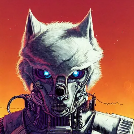Image similar to portrait of a cybernetic werewolf warrior with white fur and power armor, cyberpunk concept art by josan gonzales and moebius and enki bilal and and dan mumford and jean claude meziere and philippe druilleg