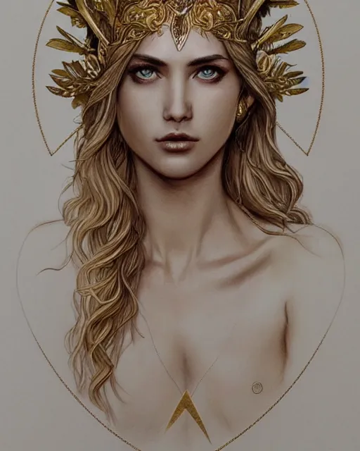 Image similar to front view of beautiful aphrodite greek goddess wearing a gold laurel wreath and triangle earrings, realism tattoo sketch, beautiful piercing eyes with sharp pupils, beautiful blonde hair, in the style of greg rutkowski, fantasy, amazing detail, epic, elegant, smooth, sharp focus