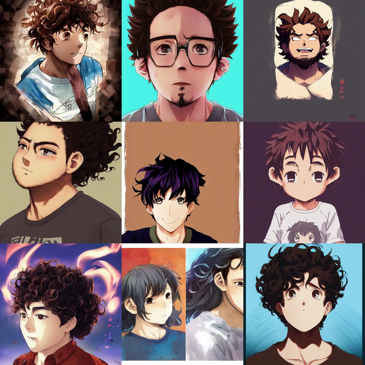 Prompt: An anime portrait of a mid-sized anime man with extremely short curly brown hair, chubby face, brown eyes, without glasses, wearing a t-shirt, his whole head fits in the frame, solid background, by Stanley Artgerm Lau, WLOP, Rossdraws, James Jean, Andrei Riabovitchev, Marc Simonetti, and Sakimi chan, trending on artstation