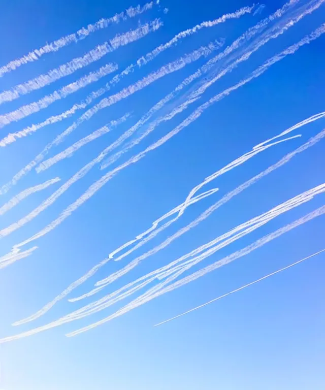 Prompt: thin cloud trails in cursive on clear blue sky