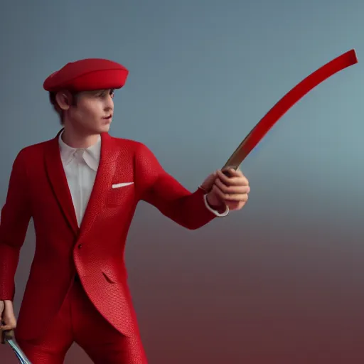 Prompt: Ibai Llanos wearing a red suit and holding a sword, super realistic, 8k, soft lights