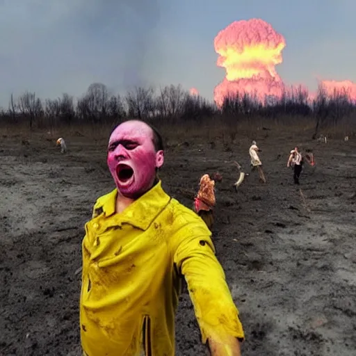 Image similar to a selfie of a ukrainian screaming in pain and terrible injuries from a nuclear explosion, everything is on fire and radiation, in the background people look like zombies are corpses and chocklets, a large nuclear explosion in the background, people are painted in yellow - blue uveta, all dirty with severed limbs, bad day