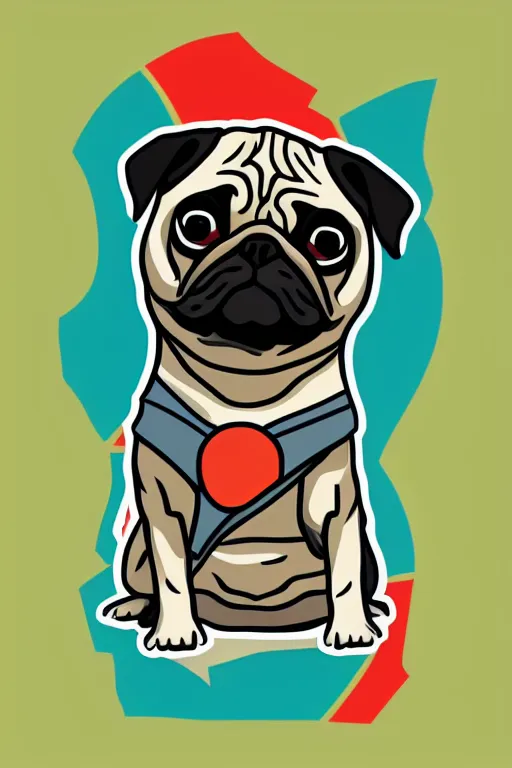 Image similar to Pug as war criminal, sticker, colorful, illustration, highly detailed, simple, smooth and clean vector curves, no jagged lines, vector art, smooth