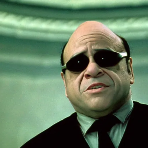 Image similar to film still of Danny Devito as Morpheus in The Matrix, full-shot, 4k