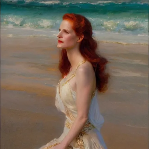 Prompt: detailed cinematic shot of jessica chastain with white clothes in the mediterranean beach, spring light, painting by gaston bussiere, craig mullins, j. c. leyendecker