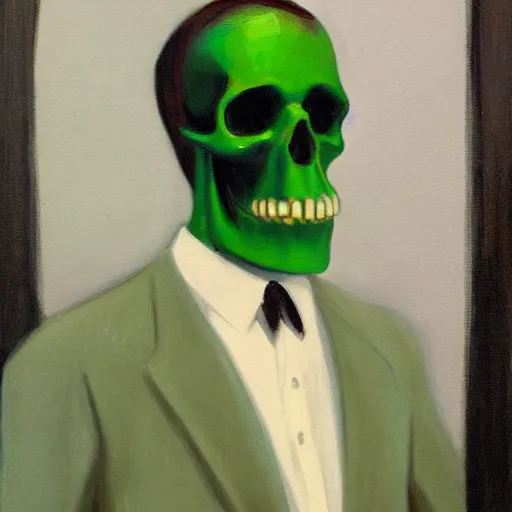 Image similar to a portrait painting of a man with a skull as his head, man is wearing a suit, the skull is green, in the style of edward hopper, 4 k,