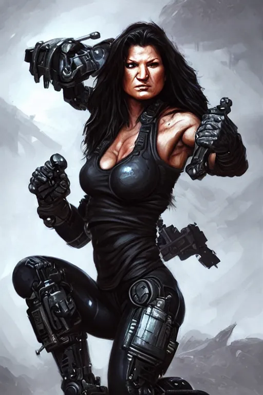 Image similar to gina carano as an ork with cybernetic left arm, casual black clothing, muscular, realistic proportions, casual pose, large portrait, sci - fi, shadowrun, rpg character, digital painting, artstation, concept art, smooth, 8 k frostbite 3 engine, ultra detailed, art by artgerm and greg rutkowski and magali villeneuve