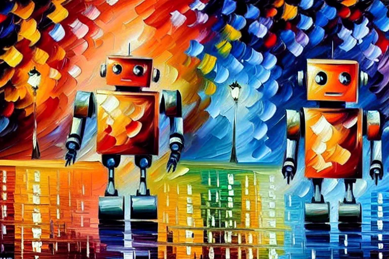 Prompt: a cute little robots painting by leonid afremov