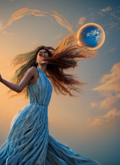 Image similar to full body portrait of beautiful goddess of mars theme inspired wearing blue and white carved details moving dress, she is floating in the air, planet mars in the background, open sky, 3 d realistic, octane render, mystical, orange fog, circle forms, iper realistic, cinematic light, paint on canvas, art by vlop