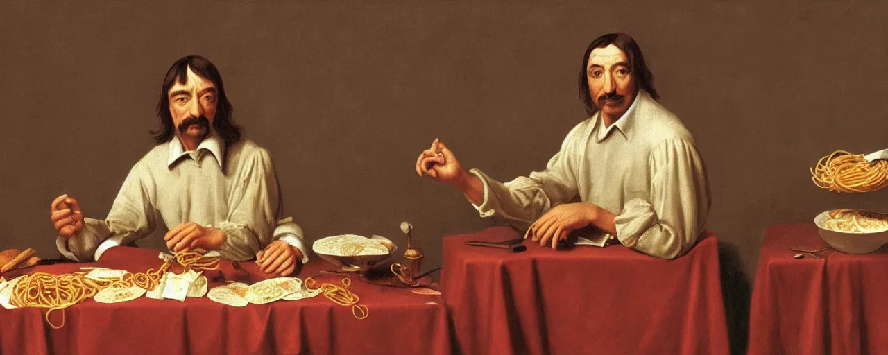 Image similar to rene descartes discussing spaghetti philosophy, 1 5 0 0 s, kodachrome, in the style of wes anderson, retro