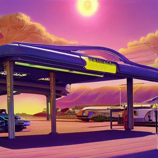 Prompt: painting of syd mead artlilery scifi organic shaped gas station with ornate metal work lands on a farm, fossil ornaments, volumetric lights, purple sun, moebius