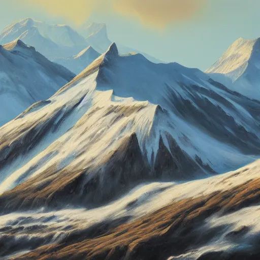 Prompt: klondike mountains, oil on canvas, surrealism, highly detailed, masterpiece, award - winning, artstationhd