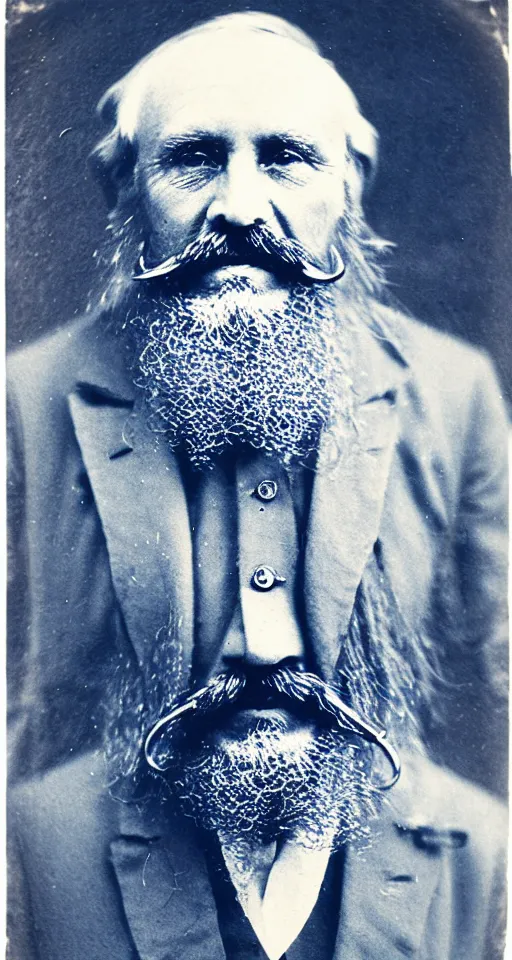 Image similar to a Cyanotype photograph of a grizzled old sea captain with a walrus mustache