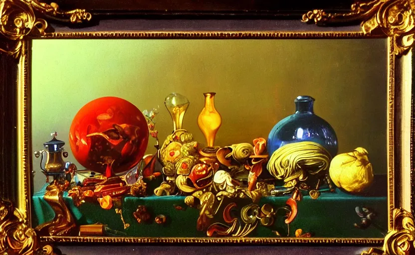 Prompt: beautiful colorful oil painting dutch golden age vanitas still life with gorgeous futuristic objects shiny transparent surfaces shiny metal devices insect nanotech rachel ruysch dali todd schorr very detailed perfect composition rule of thirds masterpiece chiaroscuro canon 5 0 mm, cinematic lighting, photography, retro, film, kodachrome