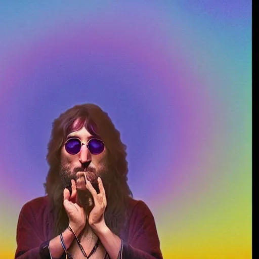 Image similar to a mystical hippy meditating, john lennon spectacles on, deep hippy vibe, smoke and hooka pipe, weed