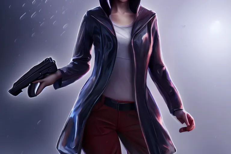 Image similar to girl in a futuristic raincoat, holding a revolver, character concept art, valorant game style, digital art, many details, super realistic, high quality, 8 k