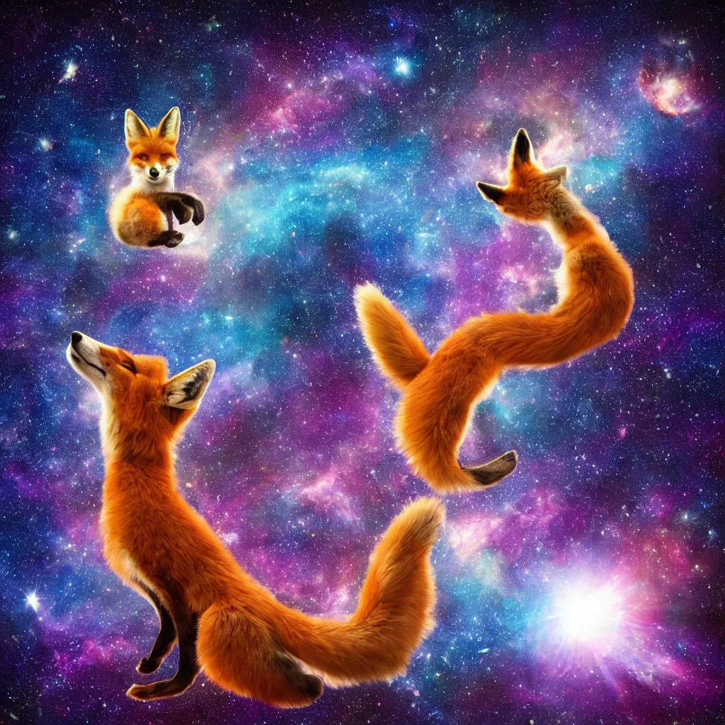 Image similar to a fox in a lake in space staring up at a galaxy, realistic, colorful