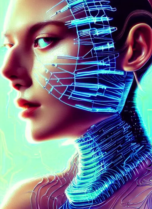 Image similar to a highly detailed long shot photo of very intricate female face portrait, futurism, rococo cyber neon lighting, detailed futuristic fibonacci jewelry, profile posing, hyper photorealistic, crispy quality, digital photography, trending in pinterest, cinematic, 4 k ultra hd, art by pascal blanche, art by greg rutkowski, art by artgerm,