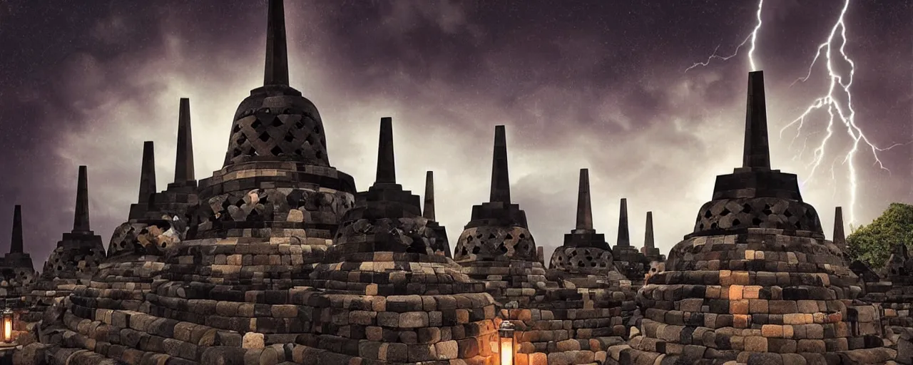 Image similar to most epic dramatic borobudur temple at night picture, eerie stormy night sky and lightnings. night photography. epic cinematic hyperrealism masterpiece. realistic poster with shaded lighting by craig mallismo, artgerm, jeremy lipkin and michael garmash, unreal engine, radiant light, detailed and complex environment, digital art, art station trends