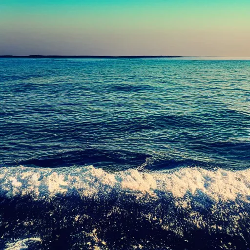 Prompt: a photo taken by shore of the ocean on an alien planet that shows the water all the way to the horizon and the night sky that has many colorful galaxies and stars in it