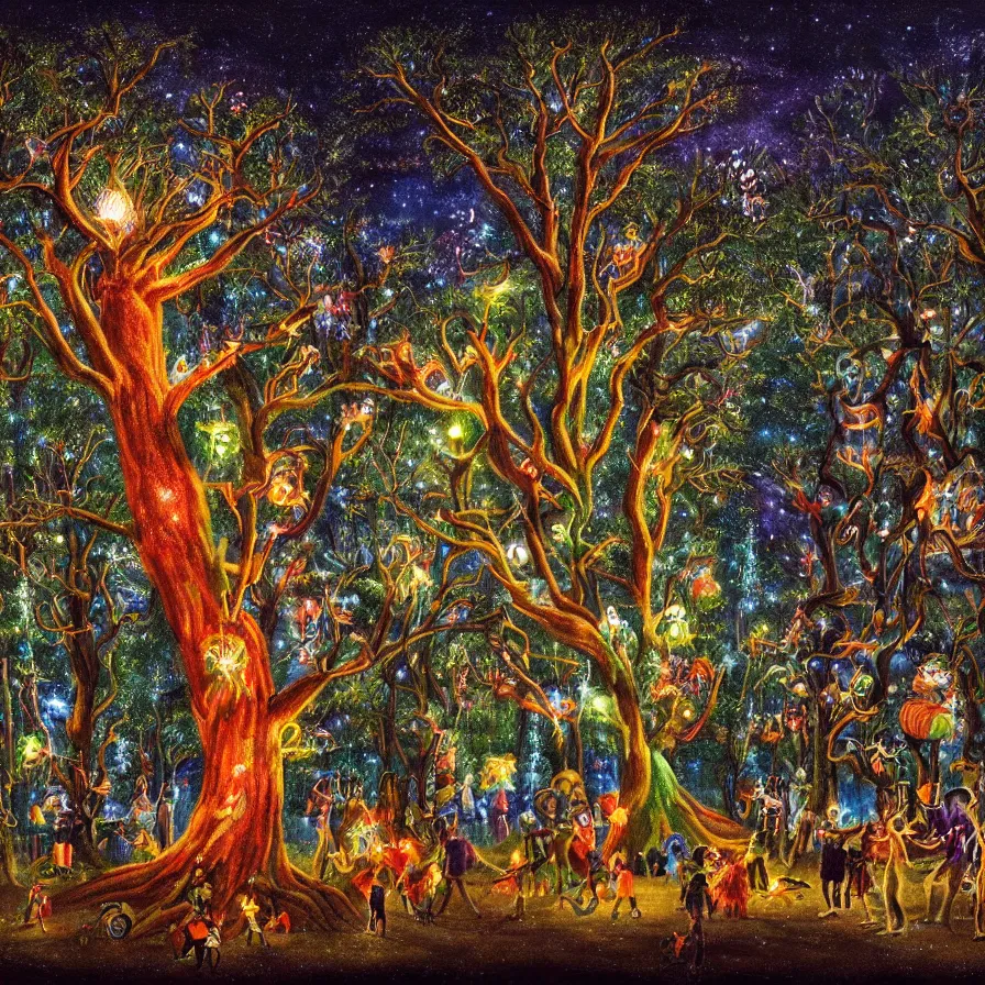 Prompt: a night carnival around a magical tree cavity, with a surreal orange moonlight and fireworks in the background, next to a lake with iridiscent water, christmas lights, folklore animals and people disguised as fantastic creatures in a magical forest by summer night, masterpiece painted by peter von cornelius, dark night environment