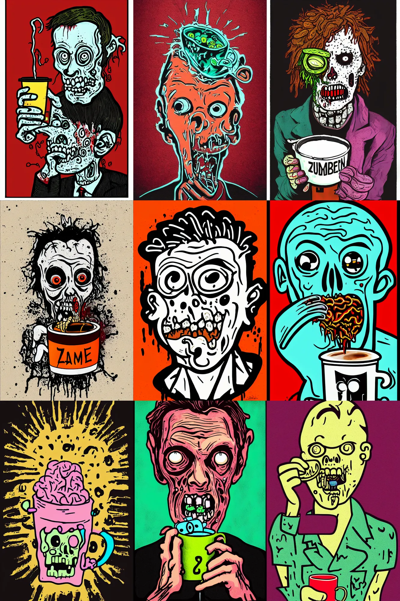 Prompt: zombie drinking brain from a coffee cup, portrait by mcbess, neon colours