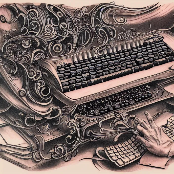 Image similar to full, zoomed out, american traditional abstract tattoo art of a keyboard, concept art, baroque, fine detail, sheet paper