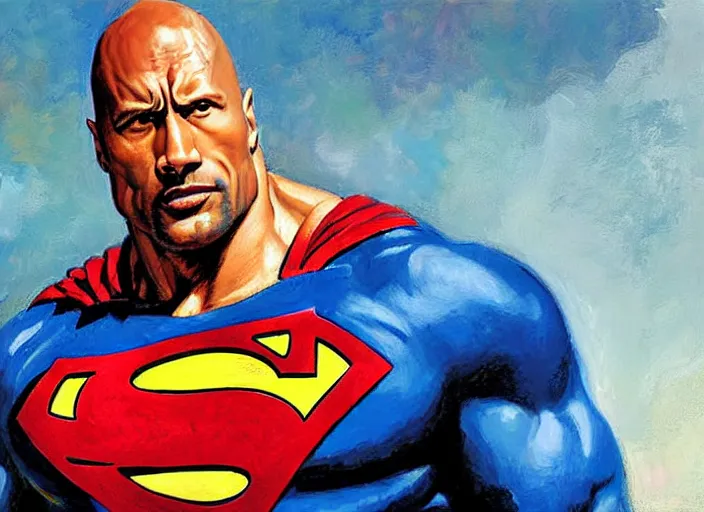 Image similar to a highly detailed beautiful portrait of dwayne johnson as superman, by gregory manchess, james gurney, james jean