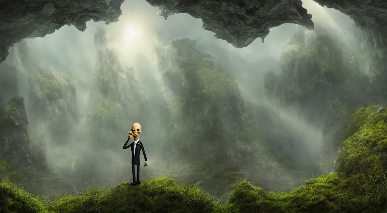 Image similar to photorealistic matte painting of mr burns of the simpsons standing far in misty overgrowth undergrowth jagged rock features volumetric fog light rays high contrast dawn