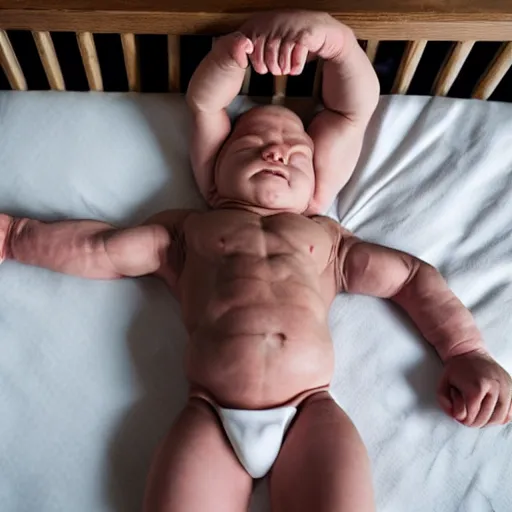 Image similar to huge muscles bodybuilder with head of a baby sleeping in a crib, newborn, barrel chested, rippling muscles, huge veins, bulging muscles, ripped, award winning photography, high detail