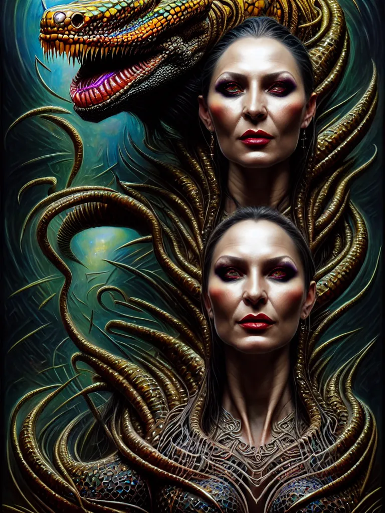 Image similar to cinematic fullbody portrait. complex hyper-maximalist overdetailed cinematic cosmic scifi portrait of an elegant very attractive but wild and dangerous reptilian goddess by andrei riabovitchev, tomasz alen kopera, oleksandra shchaslyva. Omnious intricate. Secessionist portrait illustration. Poison goddes. Focus on face. Artstation. Deviantart. 8k 4k 64megapixel. Rendered by binx.ly.