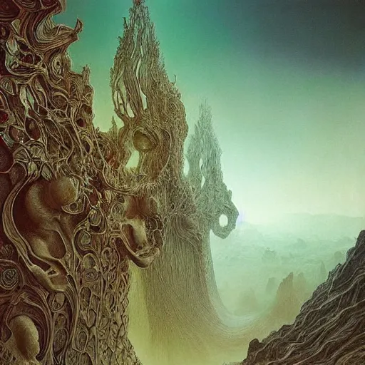 Image similar to epic alien landscape by alexander mcqueen, zdzisław beksinski and alphonse mucha. highly detailed, hyper - real, very beautiful, intricate fractal details, very complex, opulent, epic, mysterious, trending on deviantart and artstation