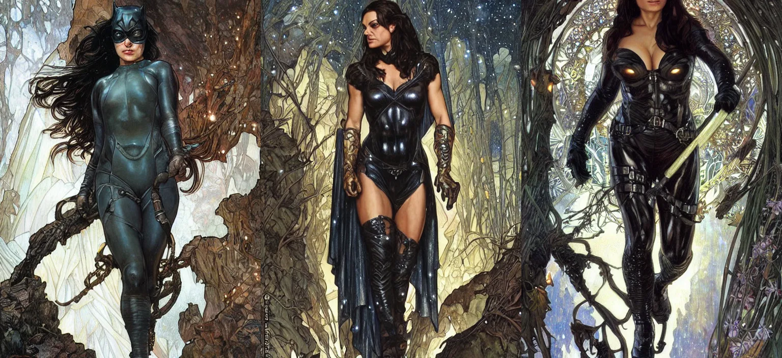 Prompt: epic muscled Mila Kunis as Catwoman walking out of a deep dark cave, snowy winter, fireflies, torches, fantasy, intricate, elegant, highly detailed, tasteful art by artgerm and donato giancola and alphonse mucha, WLOP