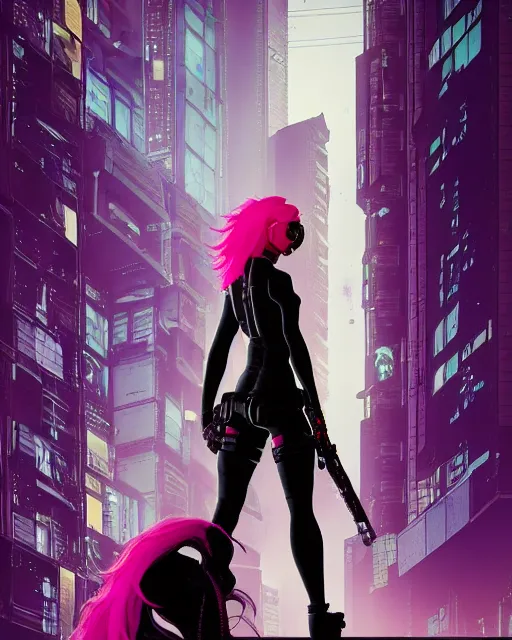 Prompt: a portrait of a single cyberpunk female assassin with pink hair weapon on a ready standing over a ledge overlooking a cyberpunk city in the background, alone and solo by Mike Mignola, Robbie Trevino, ellen jewett, Yoji Shinkawa