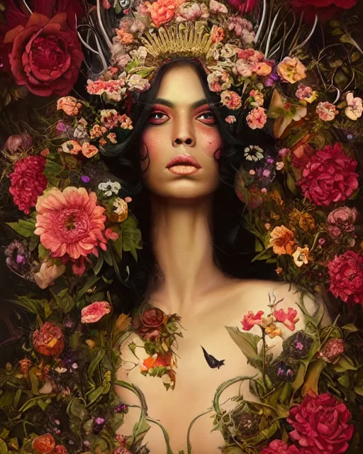 Image similar to portrait of the mulatto queen of the underworld, surrounded by flowers by karol bak, james jean, tom bagshaw, rococo, sharp focus, trending on artstation, cinematic lighting, hyper realism, octane render, 8 k, hyper detailed.