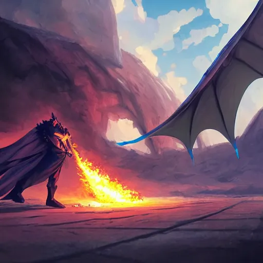 Image similar to dragon spits fire on a blue knight holding a gold sword, a green hatchback car is nearby, low wide angle, anime, desert landscape, greg rutkowski, Murata, one punch man manga,