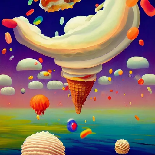 Image similar to Giant ice cream jellyfish and jellybeans fly through the air, as a tornado approaches, by Takashi Murakami, Edward Hopper, Bo Bartlett, and Cynthia Sheppard, Artstation