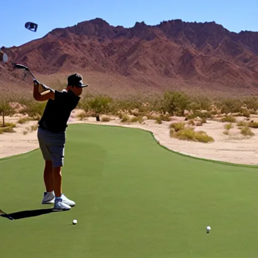 Prompt: pickle flavored man golfing in the desert