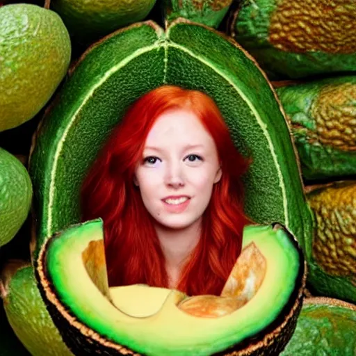 Image similar to red headed young woman inside a giant avocado