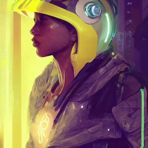 Image similar to a sage meditates under a waterfall pieces with glowing yelow visor as a realistic scifi cyberpunk, torso, art by james jean and greg rutkowski!!, realistic face, like anime, digital art, concept art, golden ratio, perfect composition, trending on artstation, 8 k