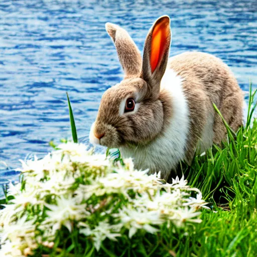 Prompt: a rabbit eating edelweiss on a mountain lake, close - up shot