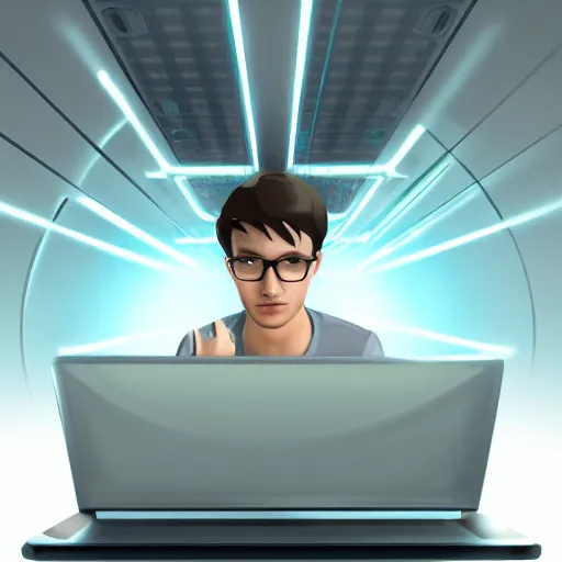 Prompt: computer nerd sitting in front of laptop computer, computer glow on face :: full body character concept art, trending on artstation, symmetrical, symmetrical eyes, detailed, professional, 2 point studio lighting