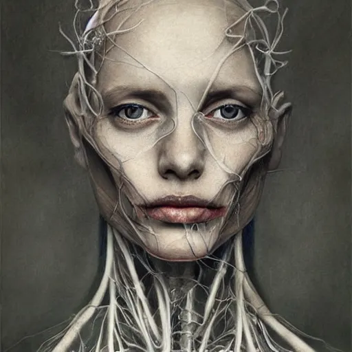 Image similar to masterpiece portrait woman, bones and veins, marco mazzoni, zdzislaw beksinksi