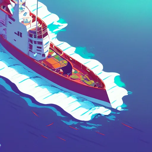 Image similar to isometric view of ship fishing tuna in the middle of the ocean, isometric design, cory loftis, james gilleard, atey ghailan, makoto shinkai, goro fujita, studio ghibli, exquisite lighting, clear focus, very coherent, soft painting