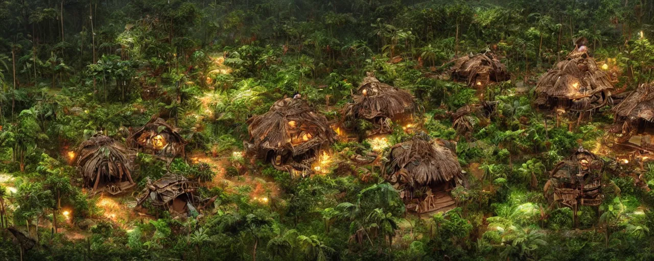 Prompt: an intricate concept art of a tribal houses in the middle of the amazon rainforest, artstation, sci - fi, hyper realistic, concept art, art by dylan cole, cinematic lighting, octane render