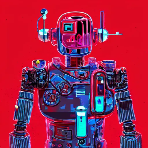 Prompt: robot doctor, cyberpunk, neon, red cross, multiple arms, full body, detailed,dan mumford, artstation