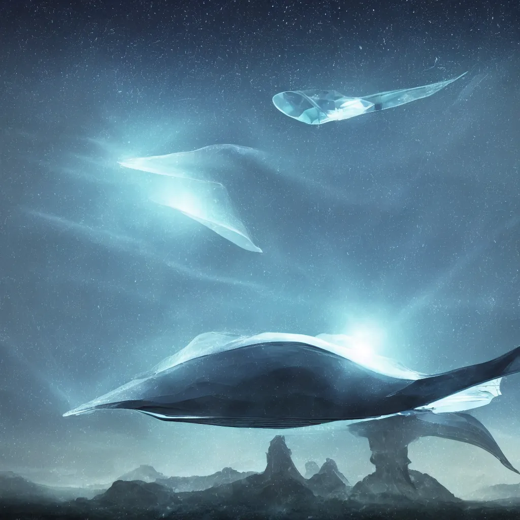 Prompt: organic transparent glass alien colossal manta ray mothership with searchlights flying over a mountainous alien landscape with visible galaxies in the sky, raining glass shards, refraction, reflections, chromatic aberration, light scatter, ray tracing, golden hour, dramatic sci-fi movie still, high contrast, thrilling, awe inspiring, stunning